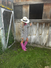 Load image into Gallery viewer, Woven Black And Cream Striped Shirt Dress With Distressed Bottom

