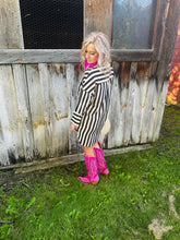 Load image into Gallery viewer, Woven Black And Cream Striped Shirt Dress With Distressed Bottom
