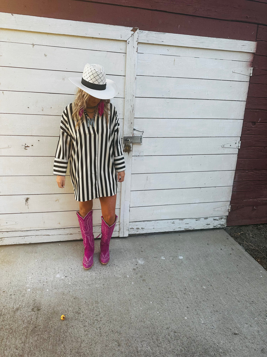 Woven Black And Cream Striped Shirt Dress With Distressed Bottom