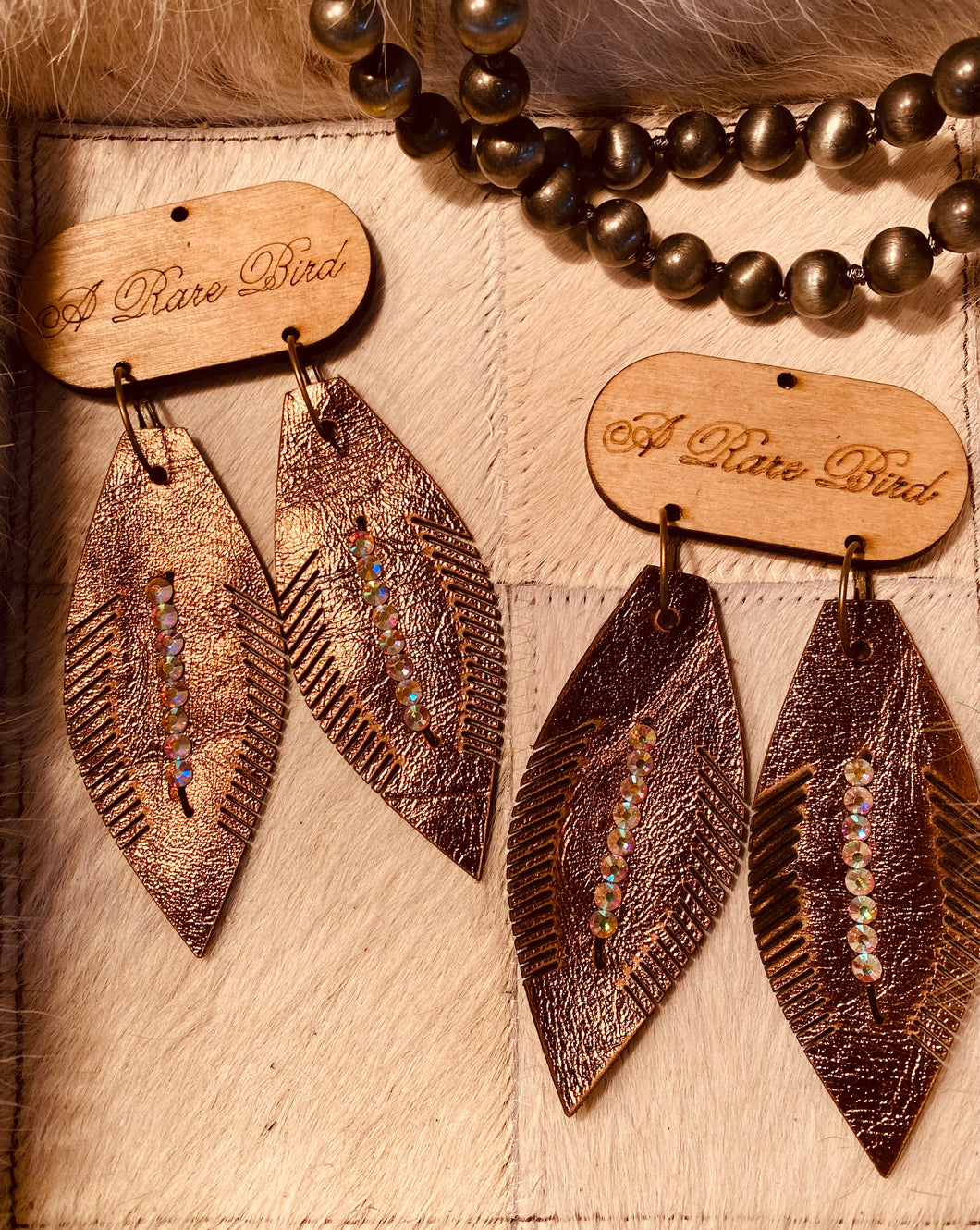 Golden Glitter Handmade Leather Feather Earrings