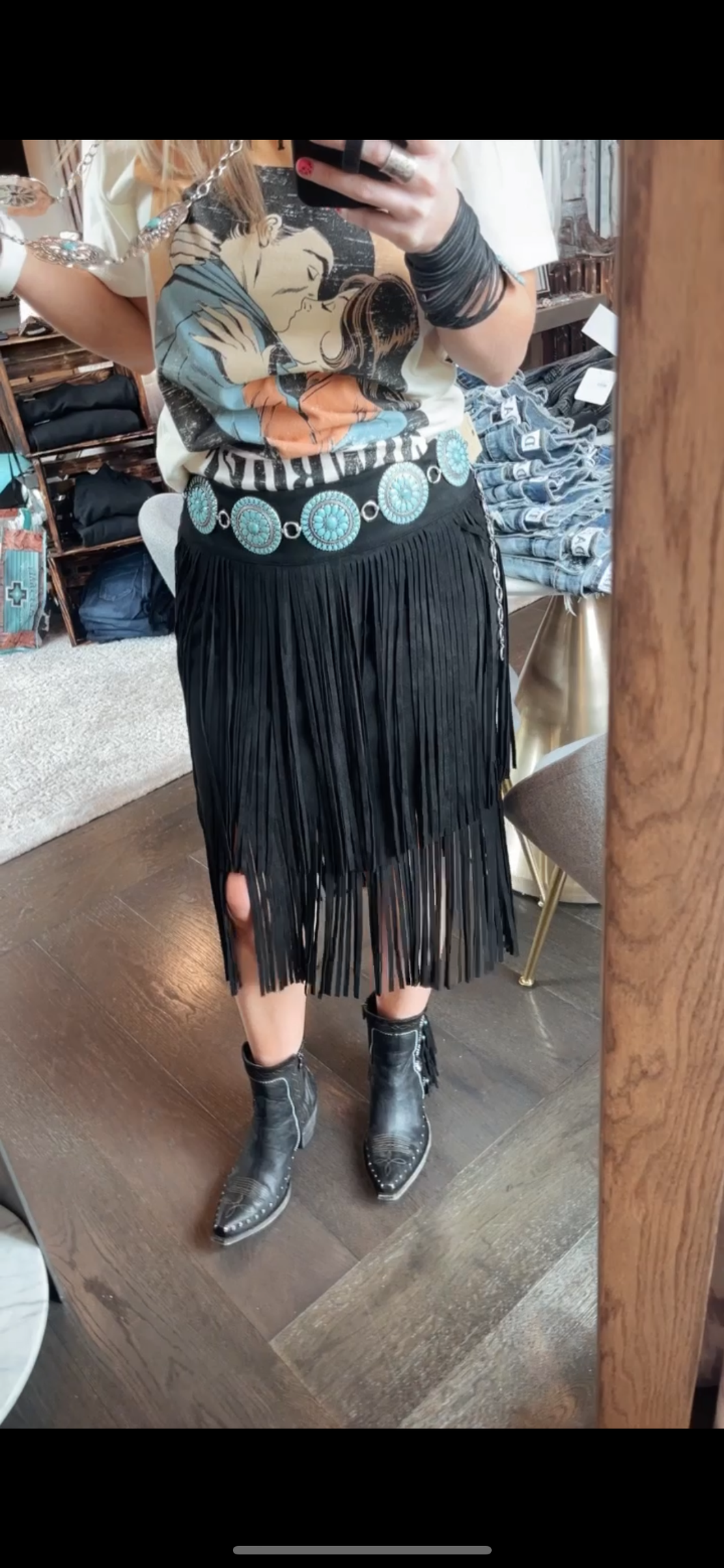 Tiered Suede Black Fringe Skirt